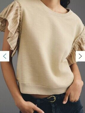 Pilcro (from Anthropologie) Beige Ruffle Sleeve Short Sleeve Tee